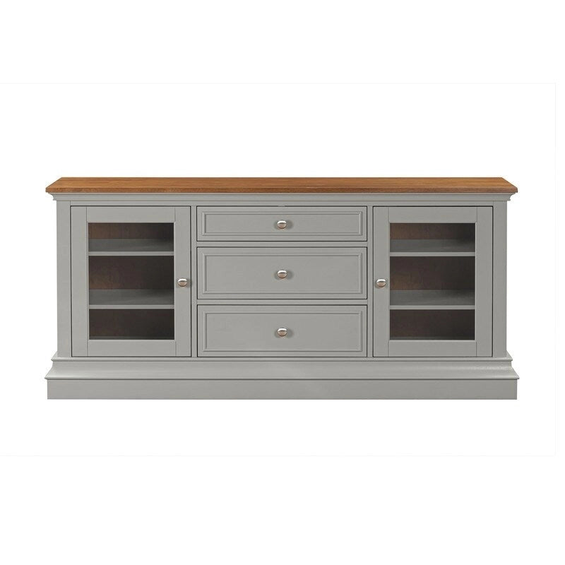 Console TV bicolore avec portes en verre et étagères réglables