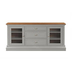 Console TV bicolore avec portes en verre et étagères réglables