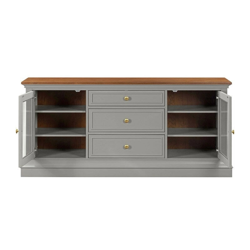 Console TV bicolore avec portes en verre et étagères réglables