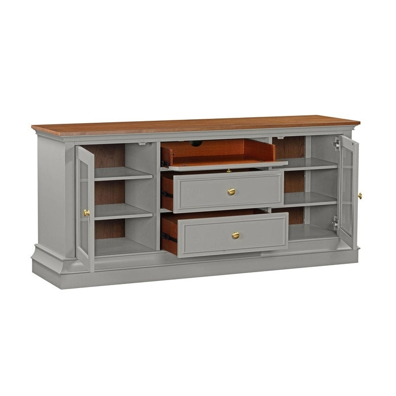 Console TV bicolore avec portes en verre et étagères réglables
