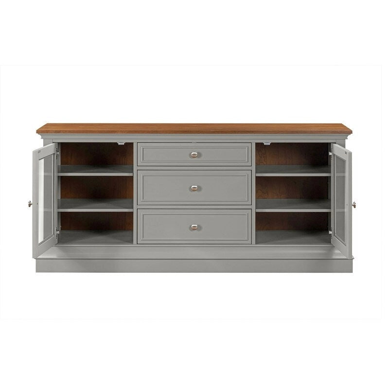 Console TV bicolore avec portes en verre et étagères réglables