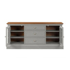 Console TV bicolore avec portes en verre et étagères réglables