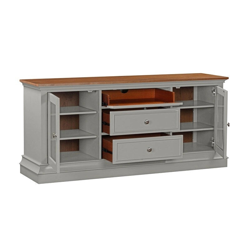 Console TV bicolore avec portes en verre et étagères réglables
