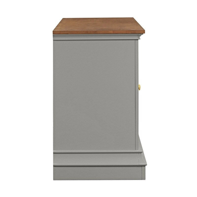 Console TV bicolore avec portes en verre et étagères réglables