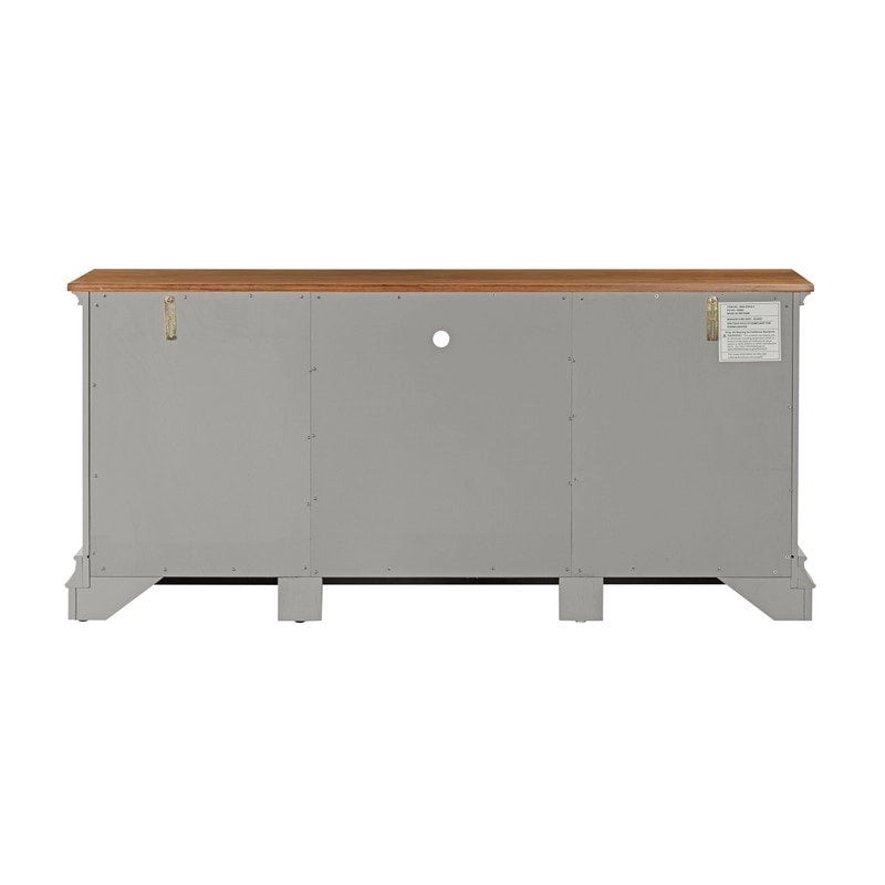 Console TV bicolore avec portes en verre et étagères réglables