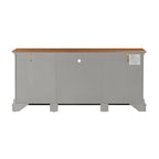 Console TV bicolore avec portes en verre et étagères réglables