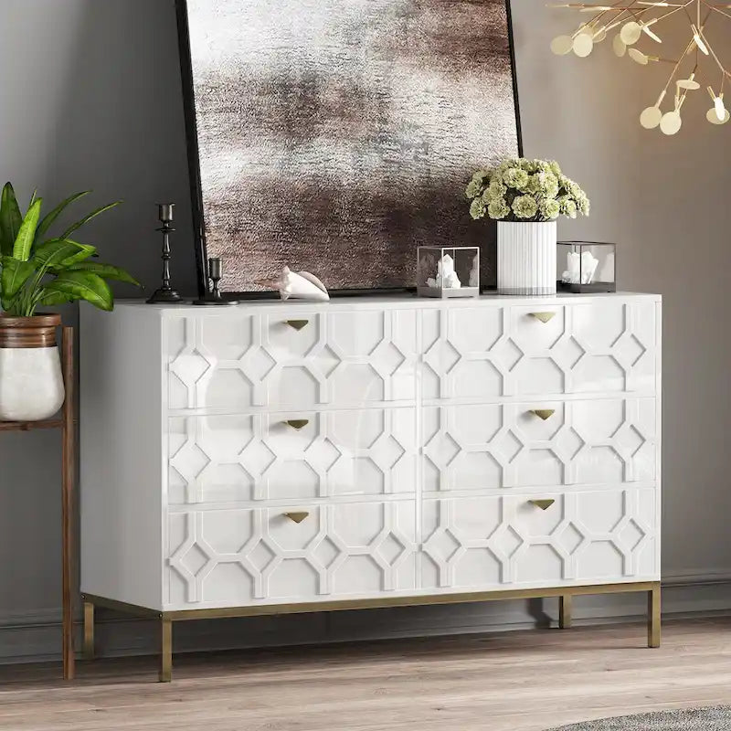 Commode double 6 tiroirs avec pieds dorés et motif nid d'abeille