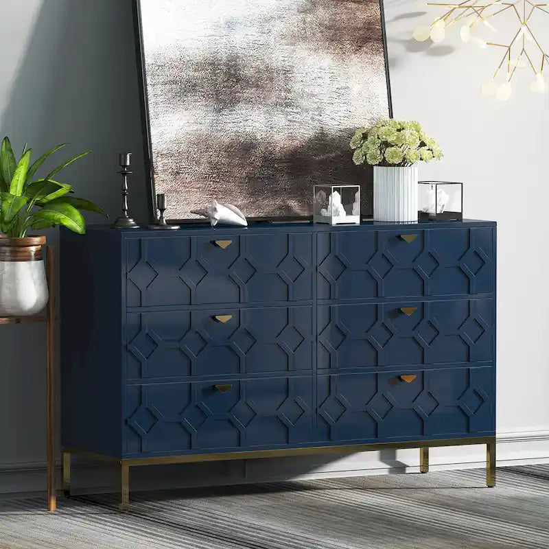 Commode double 6 tiroirs avec pieds dorés et motif nid d'abeille
