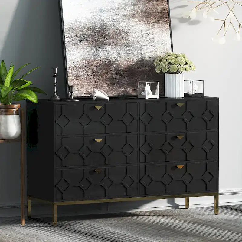 Commode double 6 tiroirs avec pieds dorés et motif nid d'abeille