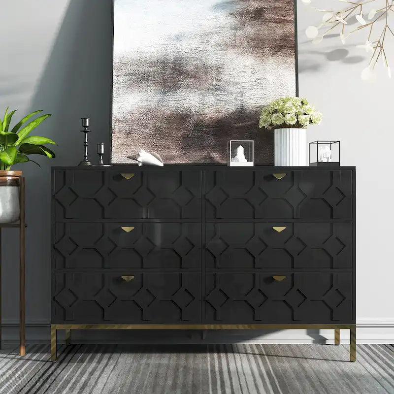 Commode double 6 tiroirs avec pieds dorés et motif nid d'abeille