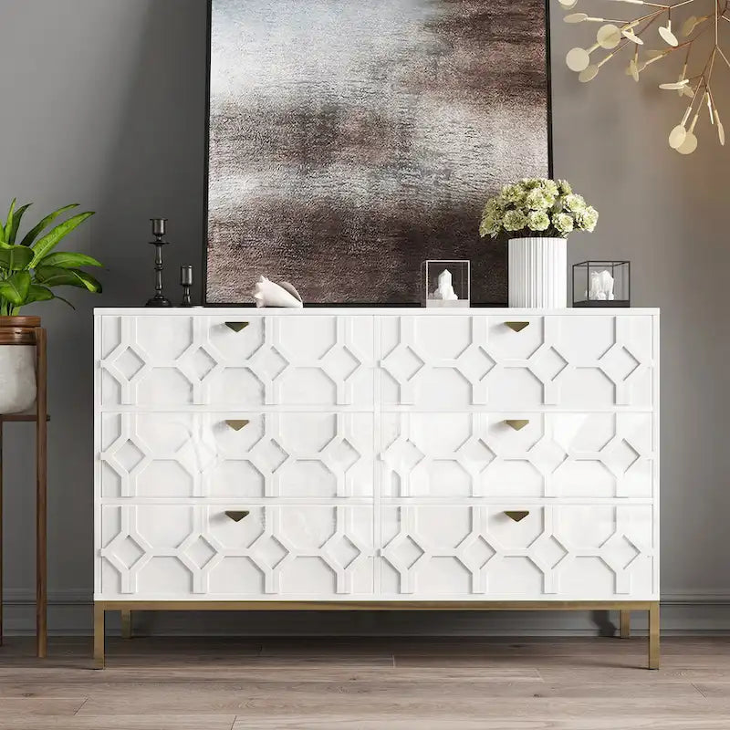 Commode double 6 tiroirs avec pieds dorés et motif nid d'abeille