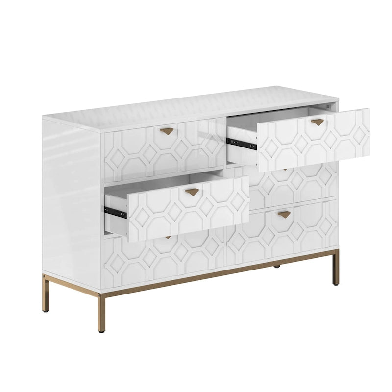 Commode double 6 tiroirs avec pieds dorés et motif nid d'abeille