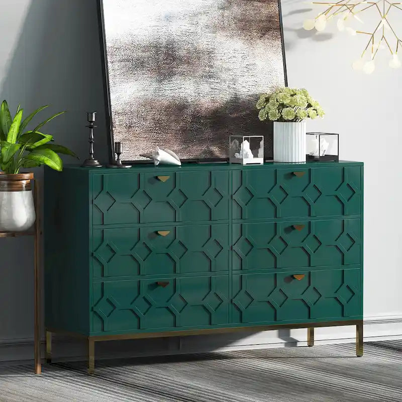 Commode double 6 tiroirs avec pieds dorés et motif nid d'abeille