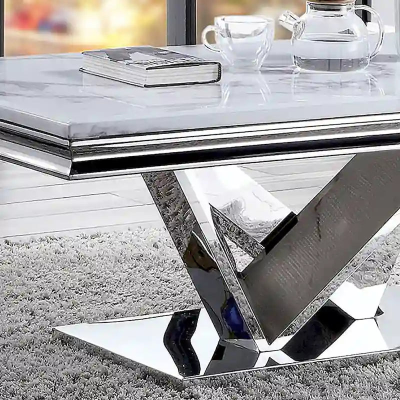 Table basse "Glam" de 51 pouces avec plateau en similicuir marbre et pied chromé