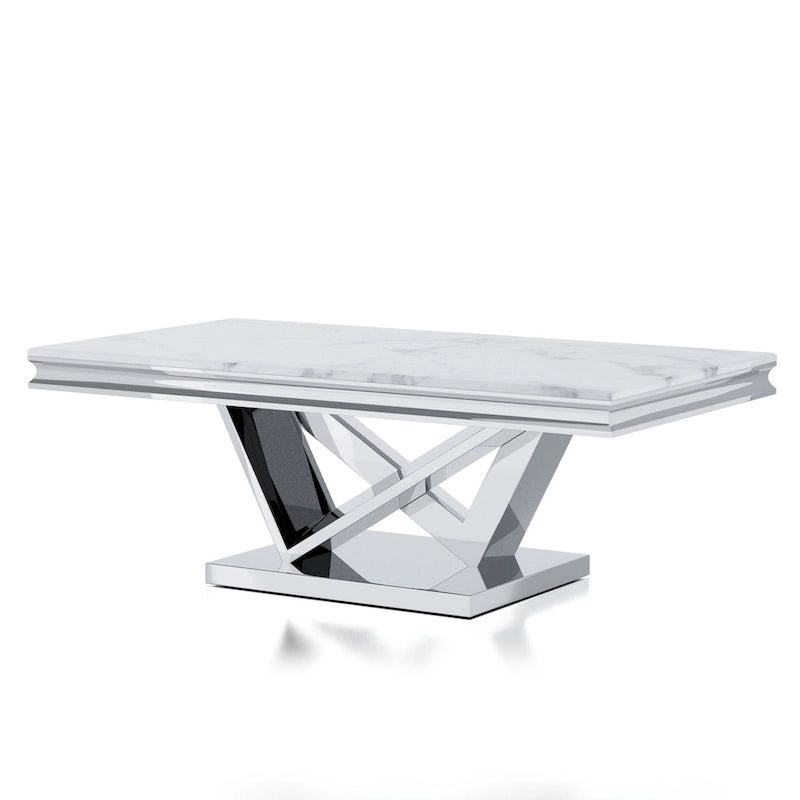 Table basse "Glam" de 51 pouces avec plateau en similicuir marbre et pied chromé