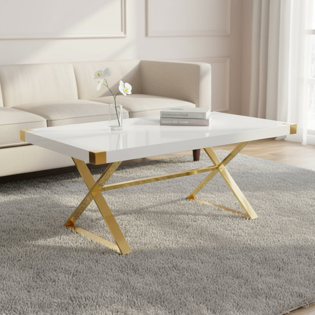 Table à manger moderne avec plateau en bois laqué blanc lisse