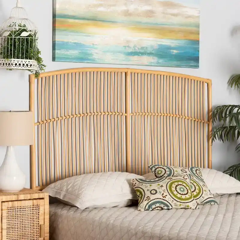 Tête de lit murale moderne en rotin naturel, style bohème – Grand lit (Queen)