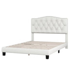 Lit plateforme capitonné en lin pleine taille avec tête de lit incurvée en forme de selle et détails touffetés en losanges, beige