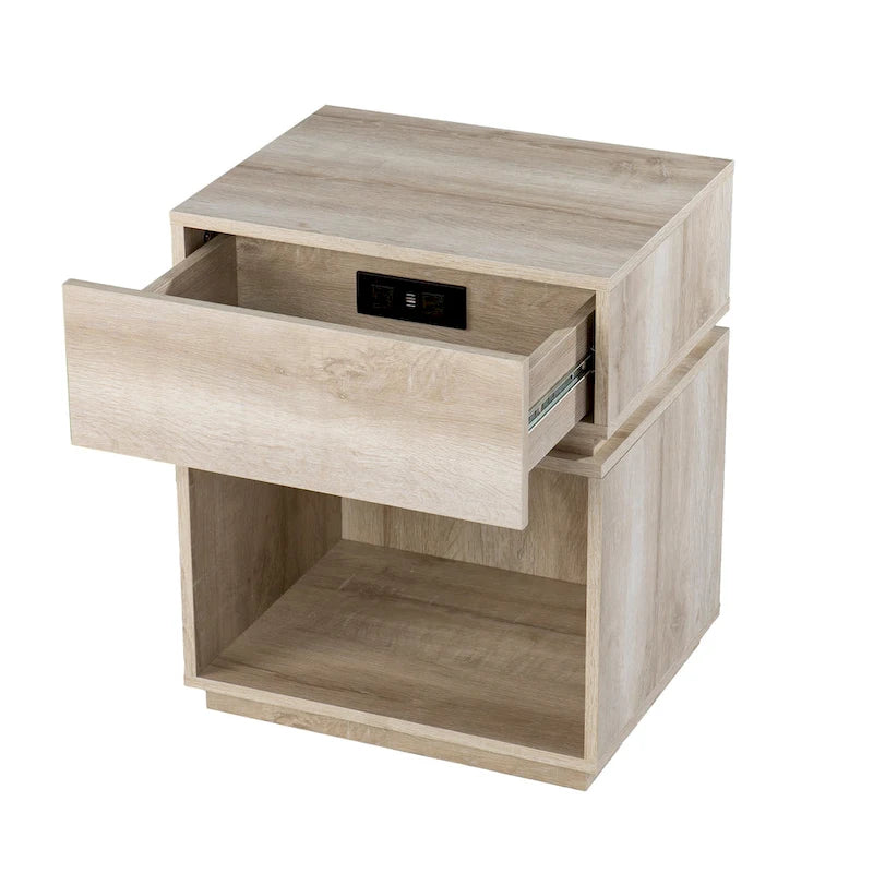 Table d'appoint en bois blanchi de style transitionnel avec station de charge et rangement