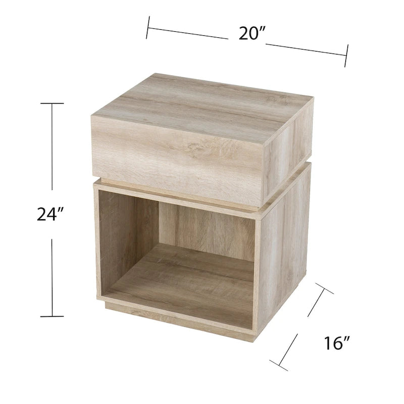 Table d'appoint en bois blanchi de style transitionnel avec station de charge et rangement