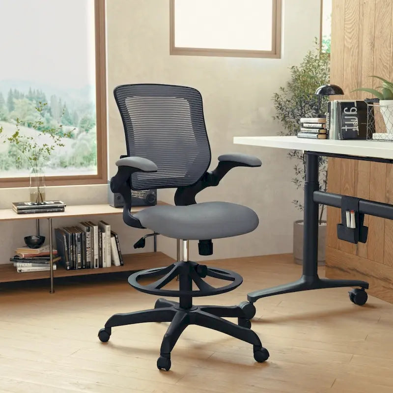 Chaise de bureau ergonomique mi-dossier en maille avec anneau repose-pieds et accoudoirs relevables