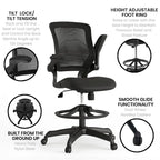 Chaise de bureau ergonomique mi-dossier en maille avec anneau repose-pieds et accoudoirs relevables