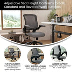Chaise de bureau ergonomique mi-dossier en maille avec anneau repose-pieds et accoudoirs relevables