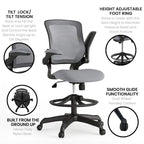 Chaise de bureau ergonomique mi-dossier en maille avec anneau repose-pieds et accoudoirs relevables