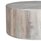 Table basse de 36 pouces, forme de tambour fabriquée à la main, bois de manguier blanc lavé