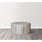 Table basse de 36 pouces, forme de tambour fabriquée à la main, bois de manguier blanc lavé