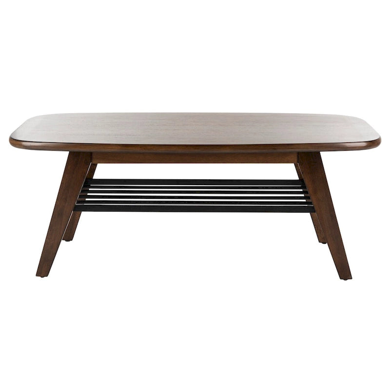 Table basse contemporaine à 2 niveaux avec finition noyer et étagère en métal noir