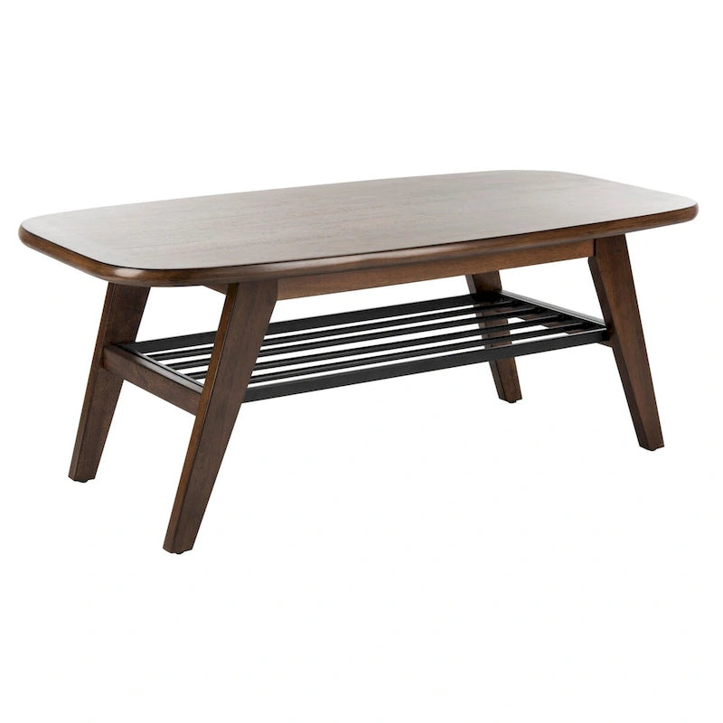 Table basse contemporaine à 2 niveaux avec finition noyer et étagère en métal noir