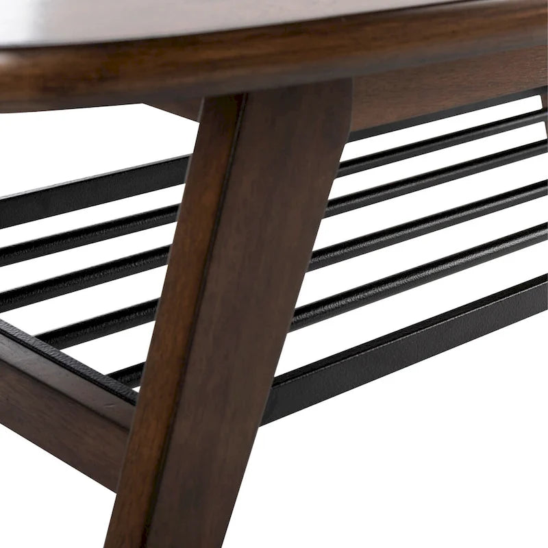 Table basse contemporaine à 2 niveaux avec finition noyer et étagère en métal noir