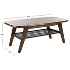 Table basse contemporaine à 2 niveaux avec finition noyer et étagère en métal noir
