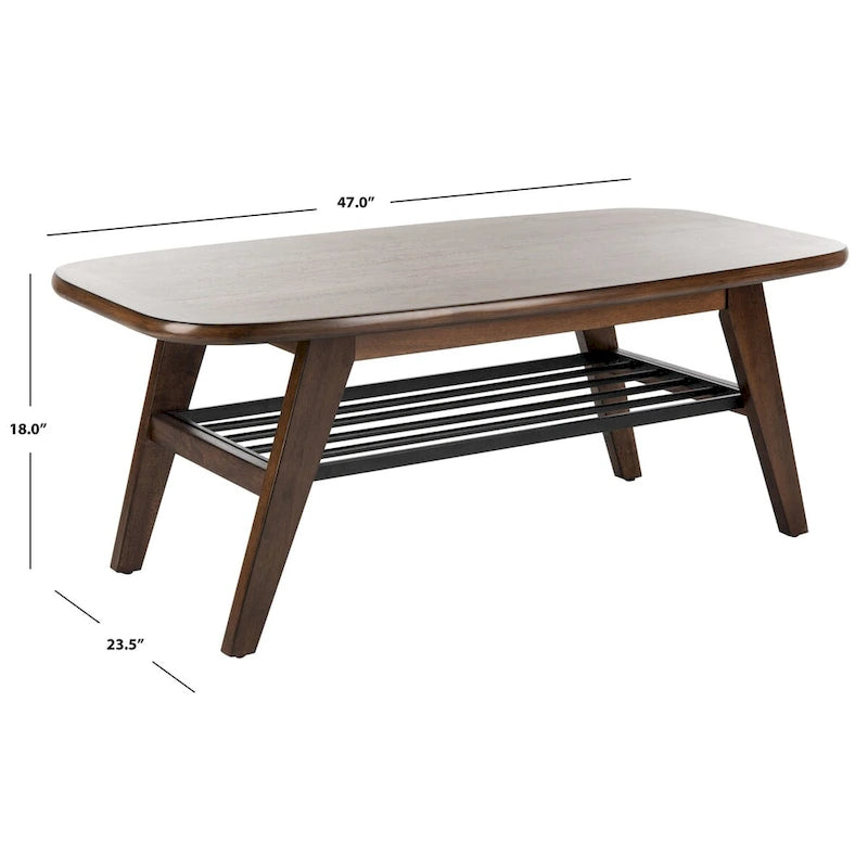 Table basse contemporaine à 2 niveaux avec finition noyer et étagère en métal noir