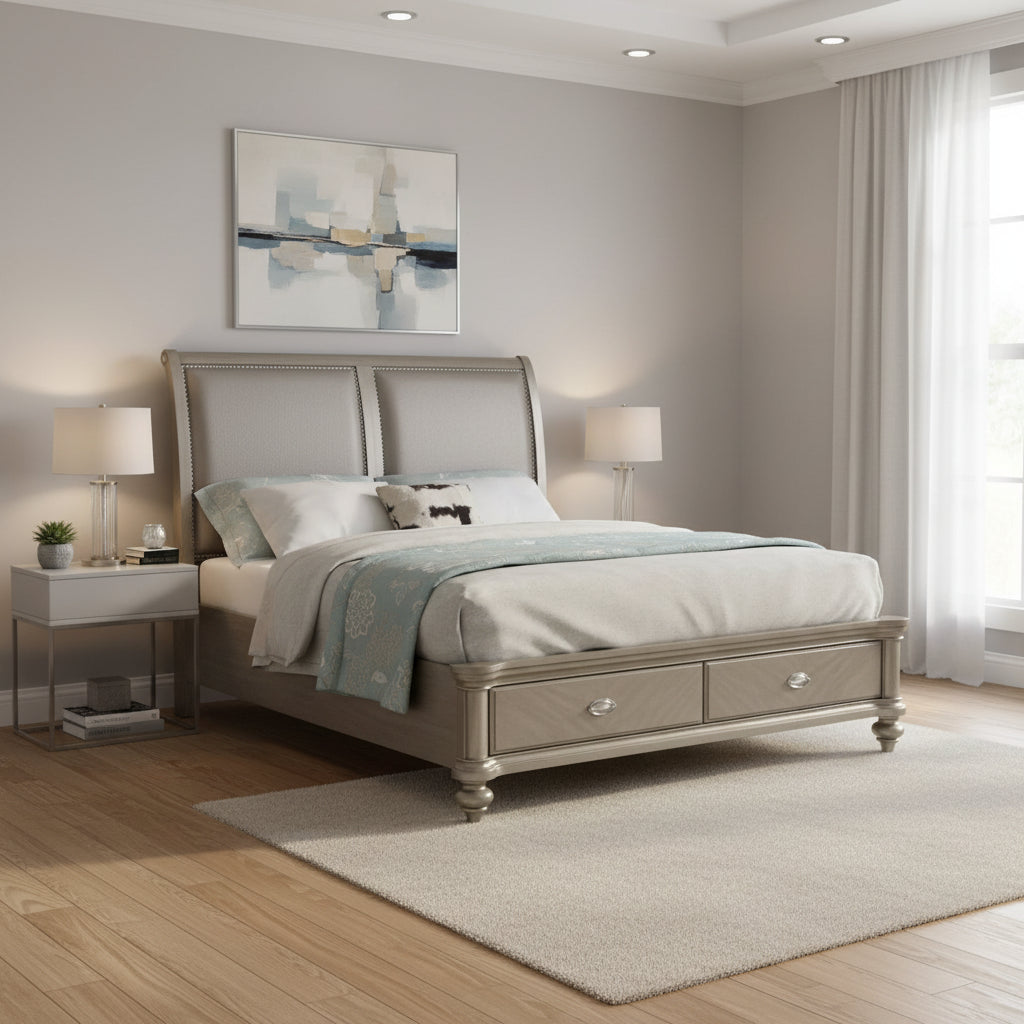 Ella Modern California King Storage Bed, Faux Leather Upholstery, Gold