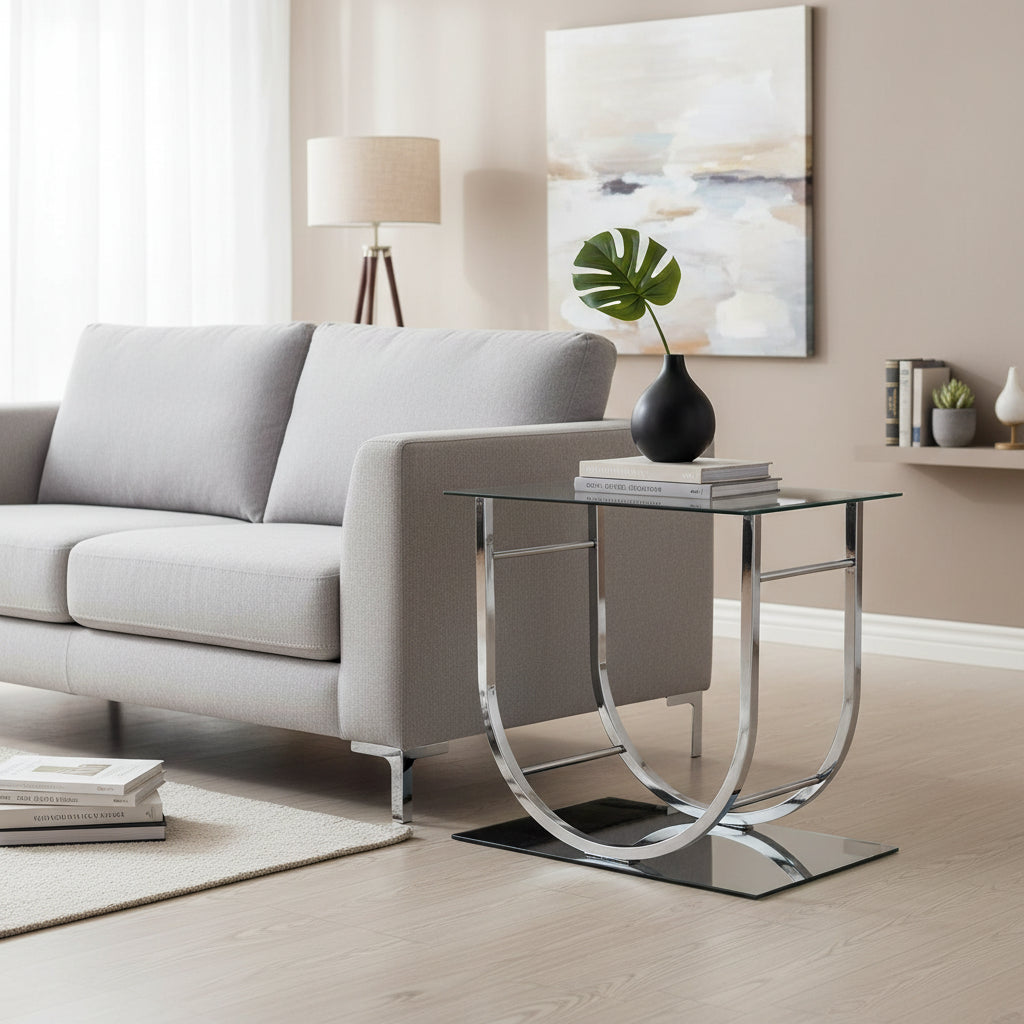 Tempered Glass Top End Table with U Shape Metal Frame, Chrome and Clear