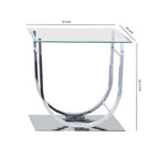 Table d'appoint avec plateau en verre trempé et base en métal en forme de U, chromée et transparente