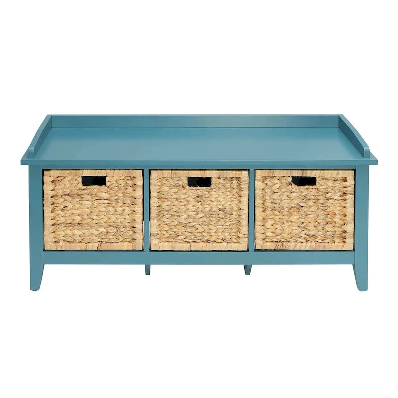Banc de rangement en bois massif bleu sarcelle de 43 pouces avec tiroirs – Banc d'entrée