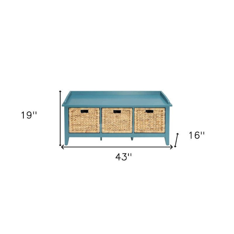 Banc de rangement en bois massif bleu sarcelle de 43 pouces avec tiroirs – Banc d'entrée