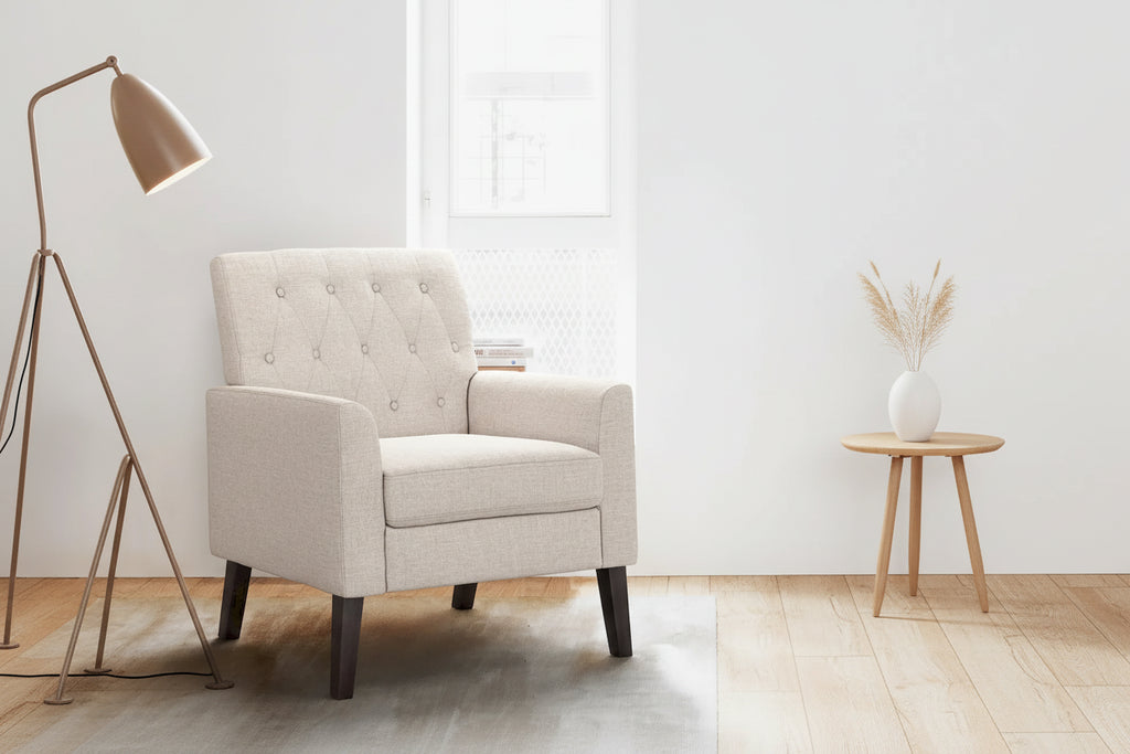 LUE BONA Linen Accent Chair Comfy Living Room Chair with Arms Upholstered Button Tufted Armchair Modern Arm Chairs