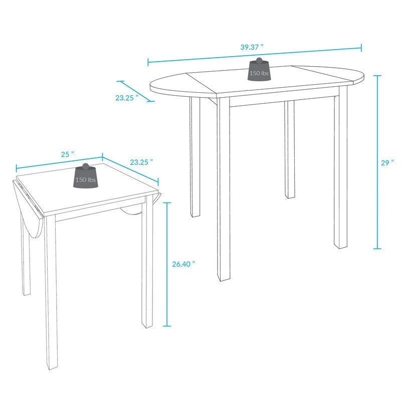 Table de salle à manger à abattants en bois massif - 39,25L x 23,25P x 29H