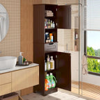 Meuble de rangement de salle de bain haut et étroit sur pied avec étagères réglables, porte et étagères ouvertes
