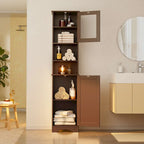 Meuble de rangement de salle de bain haut et étroit sur pied avec étagères réglables, porte et étagères ouvertes