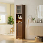 Meuble de rangement de salle de bain haut et étroit sur pied avec étagères réglables, porte et étagères ouvertes