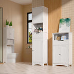 Meuble de rangement de salle de bain haut et étroit sur pied avec étagères réglables, porte et étagères ouvertes