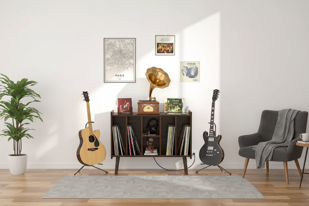 Record Player Stand with Power Outlet and USB Ports, Vinyl Record Storage Table,Vinyl Holder Display Shelf
