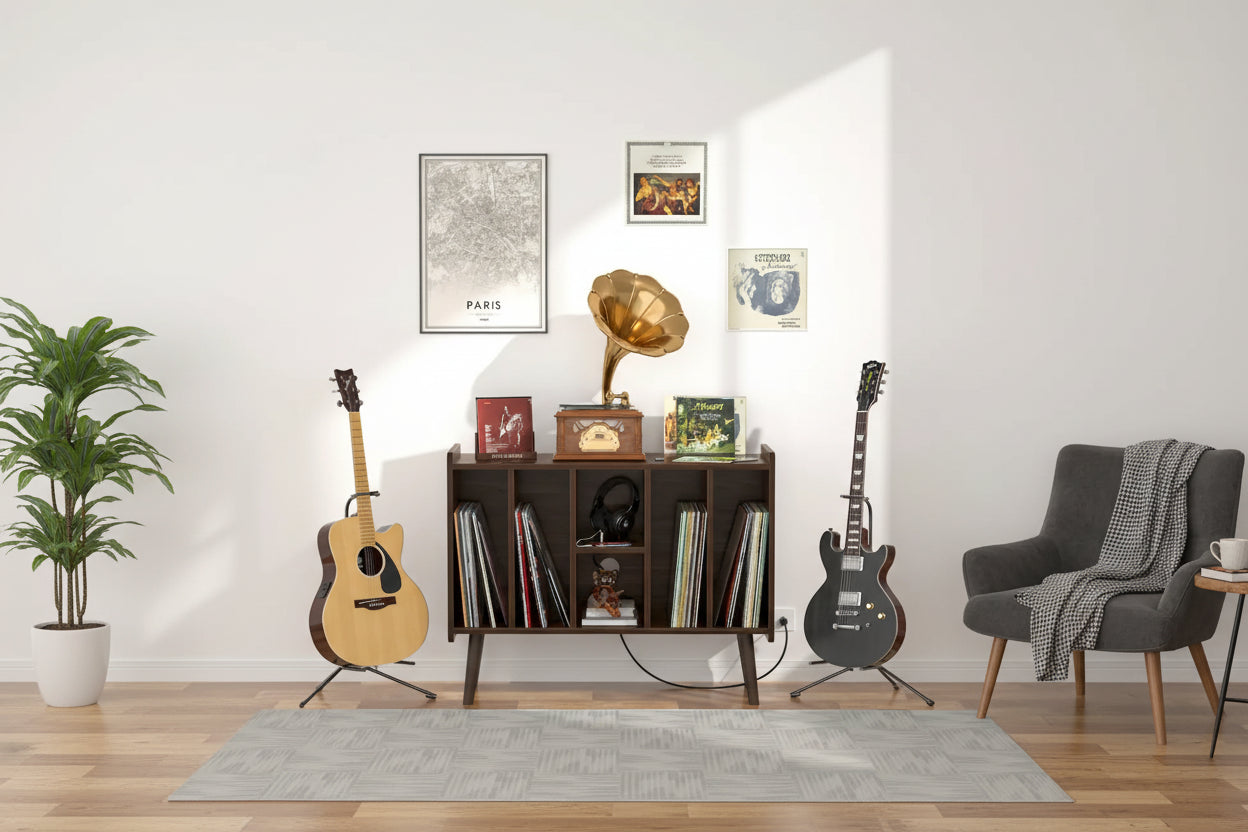 Record Player Stand with Power Outlet and USB Ports, Vinyl Record Storage Table,Vinyl Holder Display Shelf